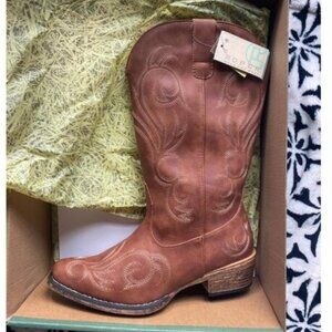 🆕Women Bronze Leather-and-Synthetic  Vintage Flexible Outsole Cowgirl Boots